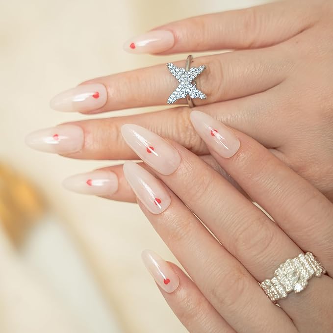 30Pcs Almond Press On Nails - Supremely Fit & Natural Soft Gel Almond Nails,15 Sizes, Reusable Fake Nails Kit with Gift Box for Women (Pink Heart)