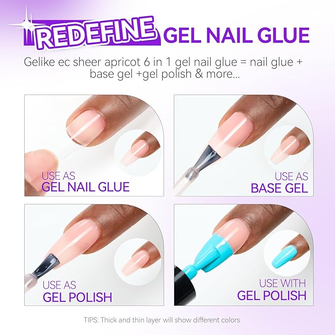 Gelike EC Gel Nail Glue UV Light: Nude 6 in 1 Adhesive Gel Nail Polish, Strong Nail Glue for Press On Nails Nails Acrylic Tips, Long Last - Nail Art Gift for Home Salon Beginner DIY