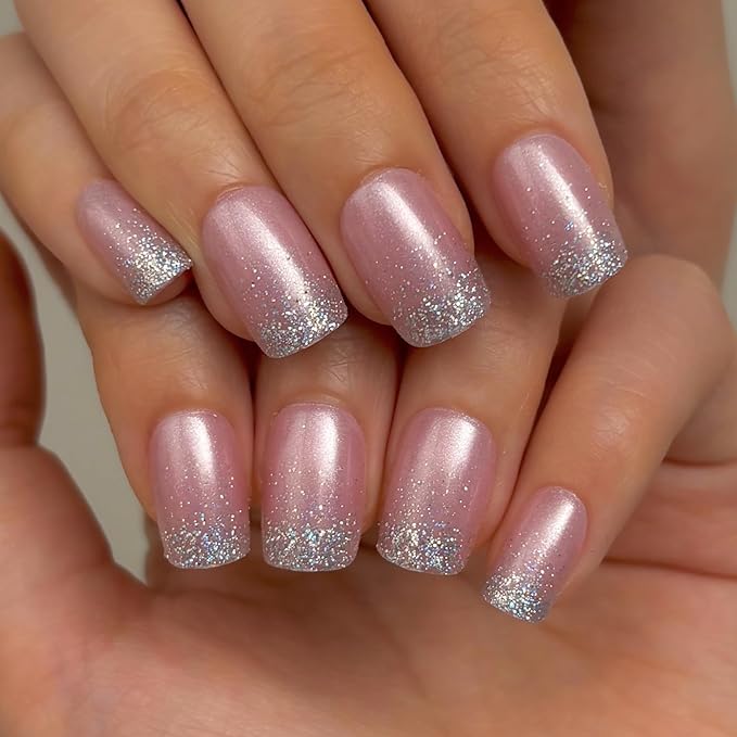 Curvlife 30pcs Short Press On Nails, Shining Stick on Fake Nails Design Glossy Acrylic Nails Tips Glue on Nails For Women False Nail Kit With Nail Glue