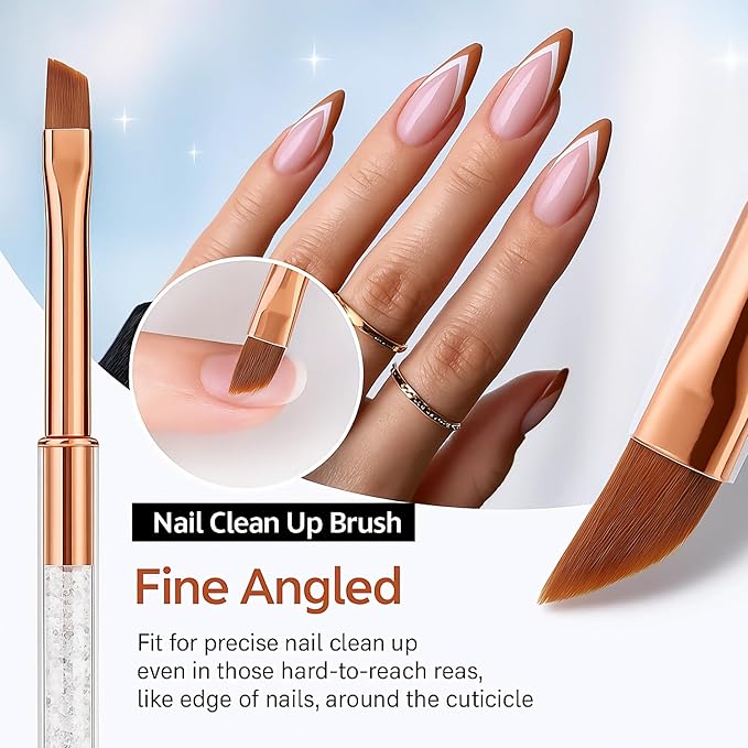 3Pcs Gel Nail Brush Set – Oval, Flat & Angled Tips, Rhinestone Handle Nail Art Design Brushes with Protective Caps, UV Gel Acrylic Builder Brush Kit for Manicure – Black, White, Gold