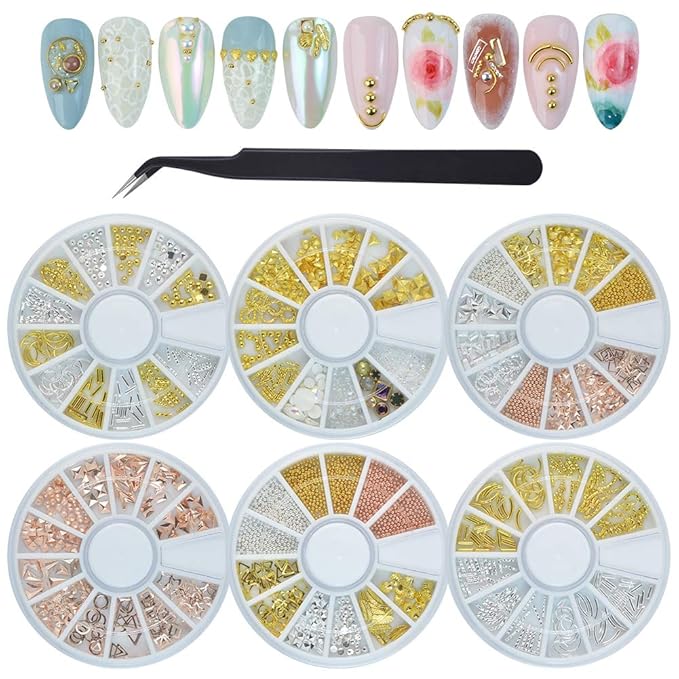 Nail Studs 3D Nail Charms Decals for Women,6 Box Metal Mixed Shaped Nails Art Rhinestones Jewelry Caviar Beads Decorations With Tweezers Supply Kit Gold Silver Rose Gold