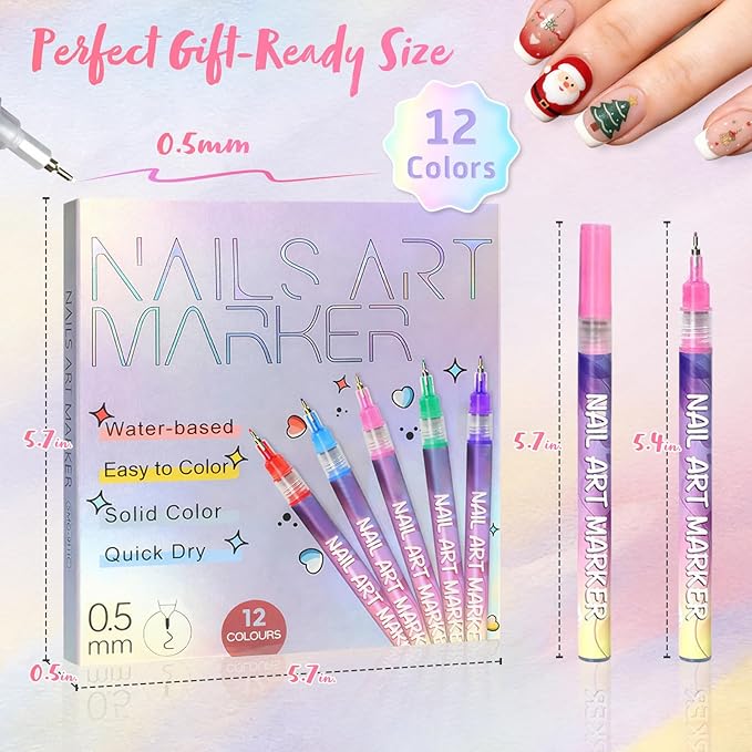 12 Colors Nail Art Pens Set, 2026 New Nail Art Markers with 0.5mm Fine Tip, Waterproof & Quick-Drying Nail Art Pens for Painting Nails, DIY 3D Nail Art Design, Portable Nail Tools for Home Salon