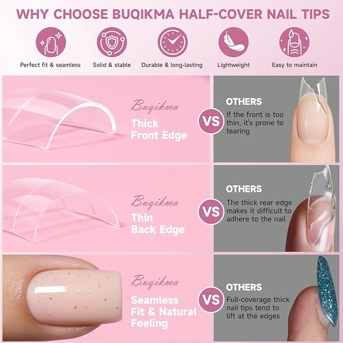 Buqikma 500PCS Short Nail Tips for Acrylic Nails - Clear False Short Artificial Tips for Manicure with Box（Pink Box with Tips）