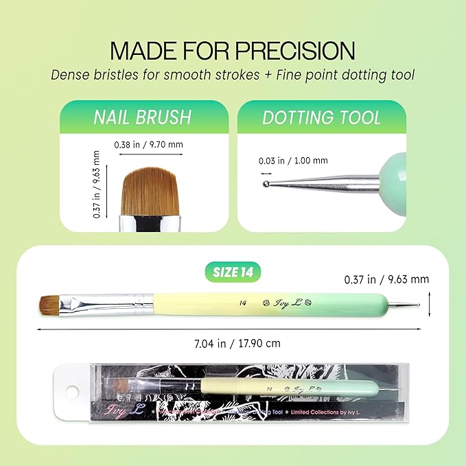 Ivy-L Premium 2 Ways French Gel Acrylic Nail Art Kolinsky Brush with Dotting Tool for Professional Manicure Nail Art Design Cuticle Clean-up + Lime Green Wood Handle (Size 14)