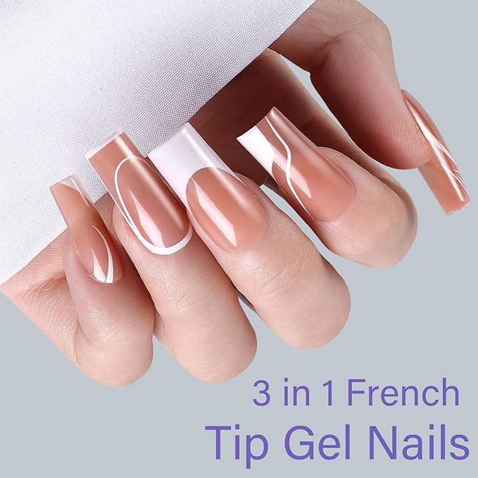 French Tip Press on Nails, 150pcs Square Long Swirl French Gel Nail Tips, Pre-lasting Soak Off Acrylic Fake Nails, No Need to File False Nail Tips Extension for Women Nails, 15Sizes