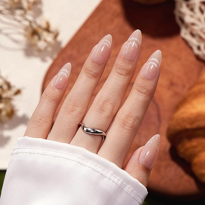 VSALON Press On Nails Medium Almond, Nude French Tip Cat Eye Shimmer Nails, Salon Quality Semi-transparent Fake Nails Kit - 32 PCS Stick on Nails in 16 Sizes with UV Glue & Cuticle Oil