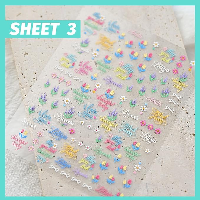 Colorful Bohemian Nail Art Stickers, Summer Spring Flower Nail Decals, Self-Adhesive, Nail Accessories for Women, Nail Decorations 3 Sheets