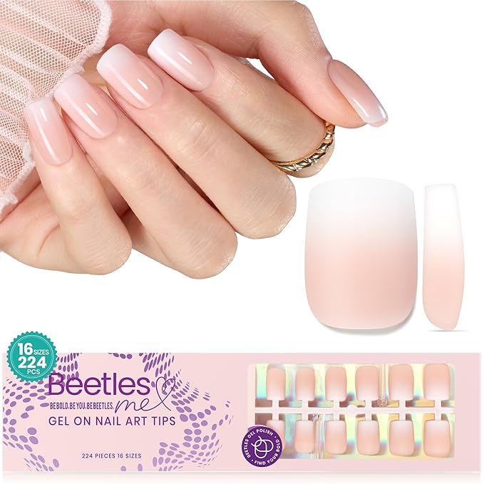 Beetles Ombre Short Square Press on Nails, 224Pcs Peach Square Ombre Press On Nails, 16 Sizes Reusable Fake Nails No Need to File Easy False Nail Tips for Nail Extension DIY Nails Gift for Women