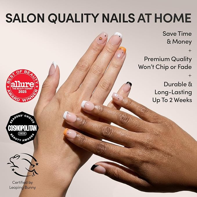 Glamnetic Press On Nails - Tiny Pumpkin | Short Squoval French Tip Fake Nails with Pumpkin Graphics & Glossy Finish, Salon Quality Halloween Nails | 15 Sizes - 30 Nail Kit with Glue