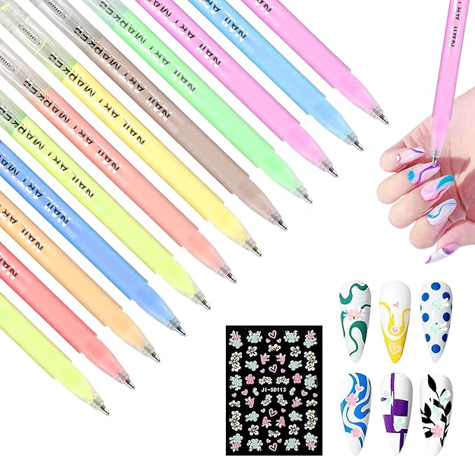 12 Colors Nail Art Pens Set, Nail Polish Pens Quick Dry Na il Polish Markers for DIY Na il Art Design, Acrylic Painting & Dotting, Manicure Tools for Beginners & Professionals