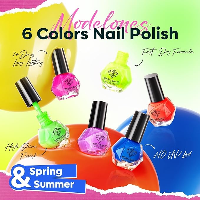modelones Neon Nail Polish, 6 Colors Spring Summer Blue Green Purple Rose Orange Yellow Quick Dry Mini Starter Kit, Long Lasting Art DIY Manicure Set at Home for Women Girls