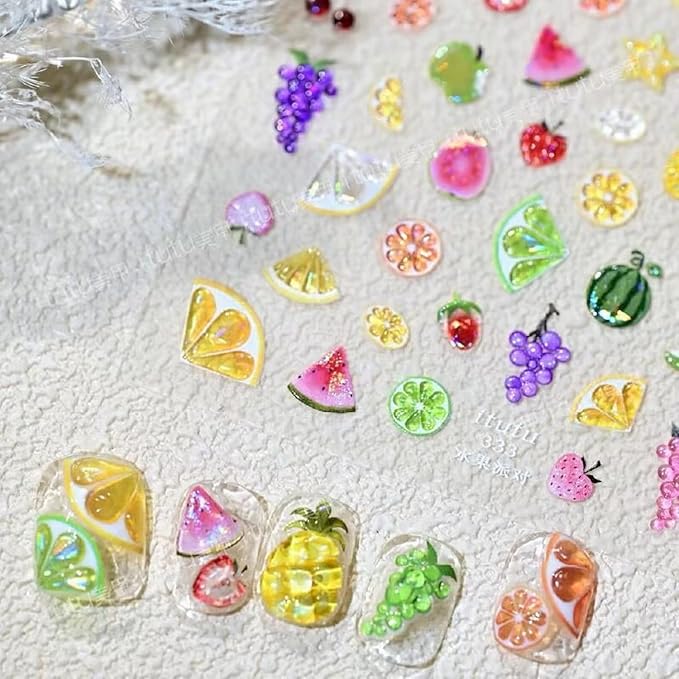 1 Sheets Fruit Nail Stickers 3D Embossed Nail Decals Cute Summer Nail Stickers for Nail Art Pineapple Grape Cherry Strawberry DIY Self-Adhesive Handmade Nails Supplies Accessories for Women Girls