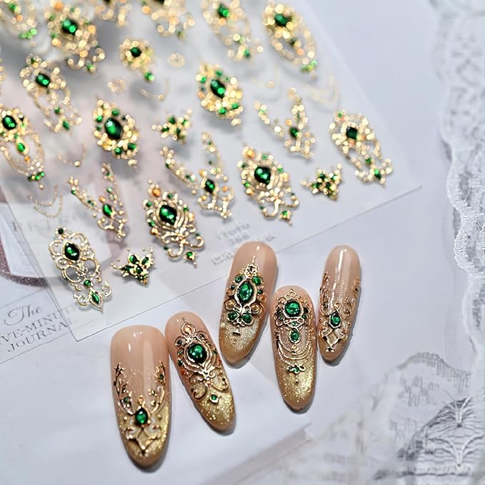 2 Sheets 5D Embossed Gemstone Nail Stickers Retro Gemstone Nails Art Decals for Women DIY Manicure Decorations