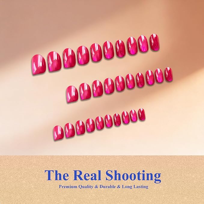 Cat Eye Press on Nails Short, Chrome Press on Nails Oval, Thick Glazed Virant Hot Pink Fake Nails Press ons for Women, Reusable Magnet Bling Glitter Glue On Nails Almond in 15 Sizes, 30 Pcs