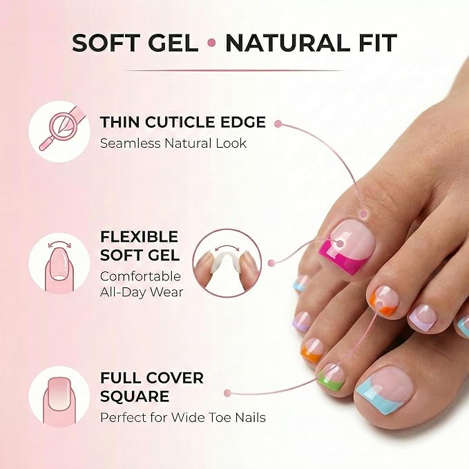 French Tip Toe Nail Press Ons, 150PCS Square Soft Gel Full Cover Toe Tips, 5 Colors (Pink/Orange/Green/White/Purple), 15 Sizes for Wide Nail Beds, Pre-Shaped for DIY French Pedicure & Salon