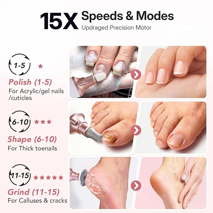 Litbear Electric Nail Drill File Set, 15 Speed Professional Nail Grinder for Thick Toenails, Cordless Pedicure Manicure Tool Callus Remover for Women Men Senior Hand Feet Care, Home Salon Use (White)