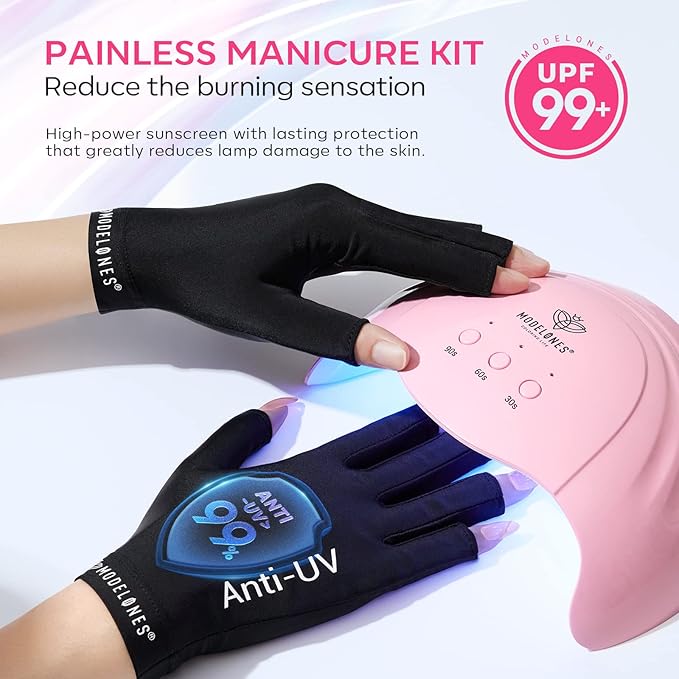 modelones Gel UV LED Nail Lamp with UV Gloves and Nail Art Brushes Set, Nail Art Design Pen Painting Tools with Nail Extension Gel Brush, Nail Art Liner Brush and Nail Dotting Pen for Gel Polish Mani