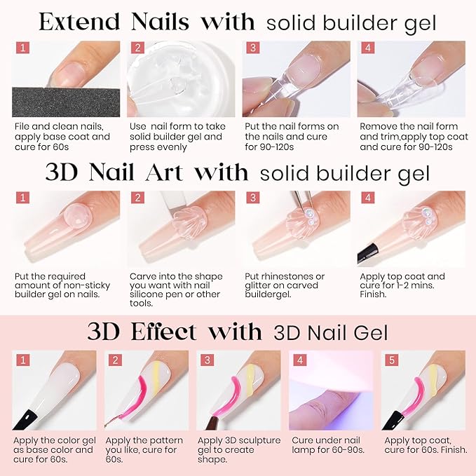MIZHSE Solid Builder Gel for Nails and 5D Nail Gel Kit, Clear Sculpting Carving Building Modeling 3D Nail with Portable Nail Lamp Soak Off U V LED Nail Art Manicure Home