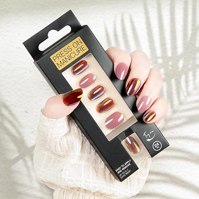 Short Oval Press On Nails Red - Cat Eye Iridescent Nails With Glue Reflective Look, Designed For Women And Teens, For Weddings, Proms, Birthdays, And Date Nights, 24 Nails In 12 Sizes