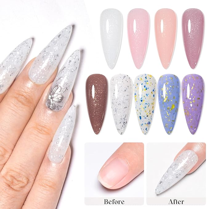 MEET ACROSS Rubber Base Gel For Nails, Shimmer Nude Gel Nail Polish Gold Foil Nail Strengthen/Enhance/Base Coat/Color Gel Polish with Super Top Coat, Prep Dehydrator and Nail Primer 12PCS