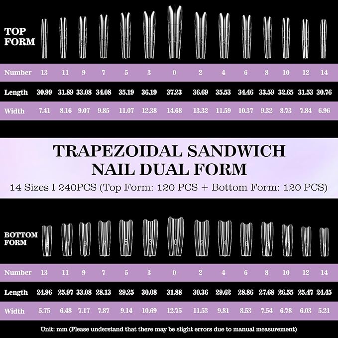 240 PCS Sandwich Nail Dual Forms, 14 Sizes Nail Tips for Builder Gel, Dual Forms for Polygel, Nail Extension for Beginner & Professional, Create Salon Quality Nail Art at Home (Trapezoidal)