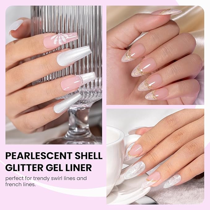 RARJSM Pearl Gel Liner Nail Art 2 Pcs Set Pearlescent Milky White Light Purple Golden Shell Glitter Swirl Effect Gel Nail Polish 8ml Build in Thin Brush Painted Striper GelPolish Curing Requires
