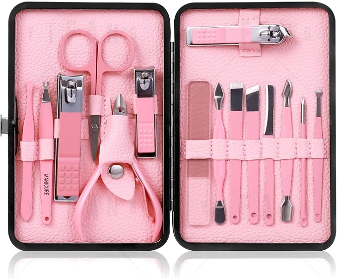 Manicure Set Pedicure Kit Nail Clippers Set Fingernail Clipper Set Ingrown Toenail Nail Kit Scissor Nail Trimmer Kit 15 Pieces Travel Nail Kit Care Grooming Tools with Fine Case Fine GIF (Pink_15in1)