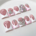 Luxury Press on Nails Short Duck Handmade 3D Unique Reusable ABS Material Fake Nails White French Tip False Nails with Designs Pink Flower Rhinestones Glossy Glue on Nail Thick Acrylic Nail(S)