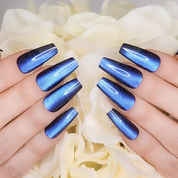 Hypnaughty 24 Pcs Stardust Cat Eye Effect Glossy And Sparkly Coffin Long Press On Nails With Nail Kit And Glue (Stardust Cat Eye)