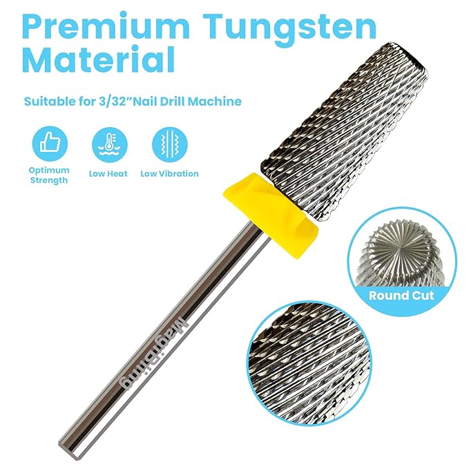 6.6mm Large Tapered Barrel 5-in-1 Nail Drill Bit, 3/32" Safety Cross-Cut Tungsten Carbide Efile Bit for Fast Gel & Acrylic Removal, Two-Way Rotation, Professional Nail Tech & Beginner Bit, Extra Fine.