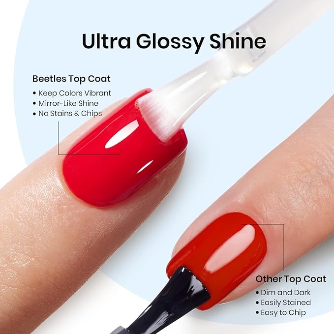 Beetles Gel Base and Top Coat Set, 2pcs 10ml Shine Finish and Long Lasting Top Coat Gel Nail Polish, Soak Off LED Nail Lamp Nail Polish Art Design Home DIY Manicure Gifts for Women