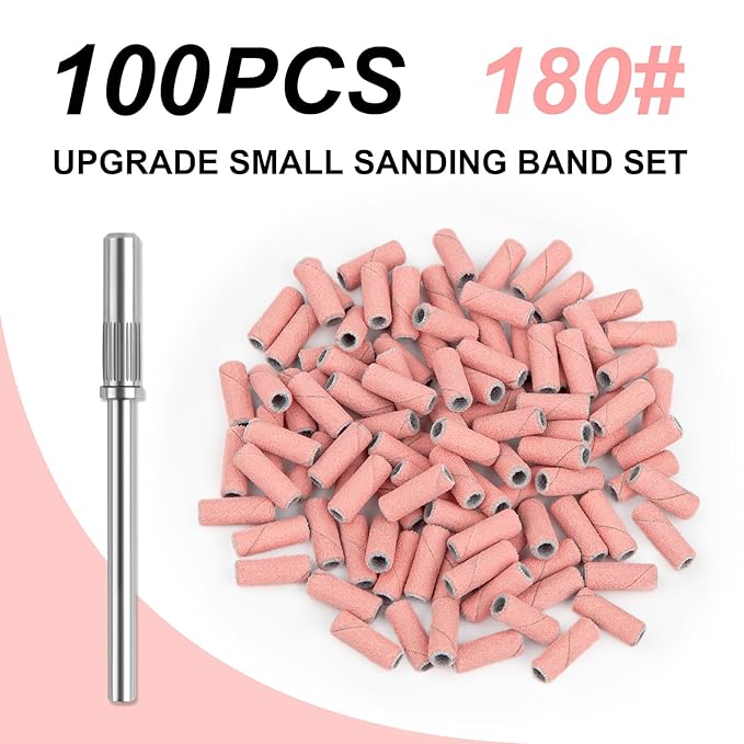 Rolybag 100pcs Small Sanding Bands Nail Drill Bits 180 Fine Grit Nail File Sanding Bands with 3.1mm Mandrel Bit for Acrylic Nails Gel Removing Shaping Professional Manicures and Pedicure, Pink