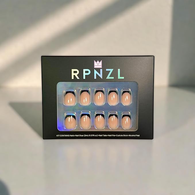 Press On Nails - Eclipse | Black French Tip, UV Finish Short Square Nails, Reusable | 32 Nails, 16 Sizes Kit with Glue and Adhesive Tabs I Female Founded