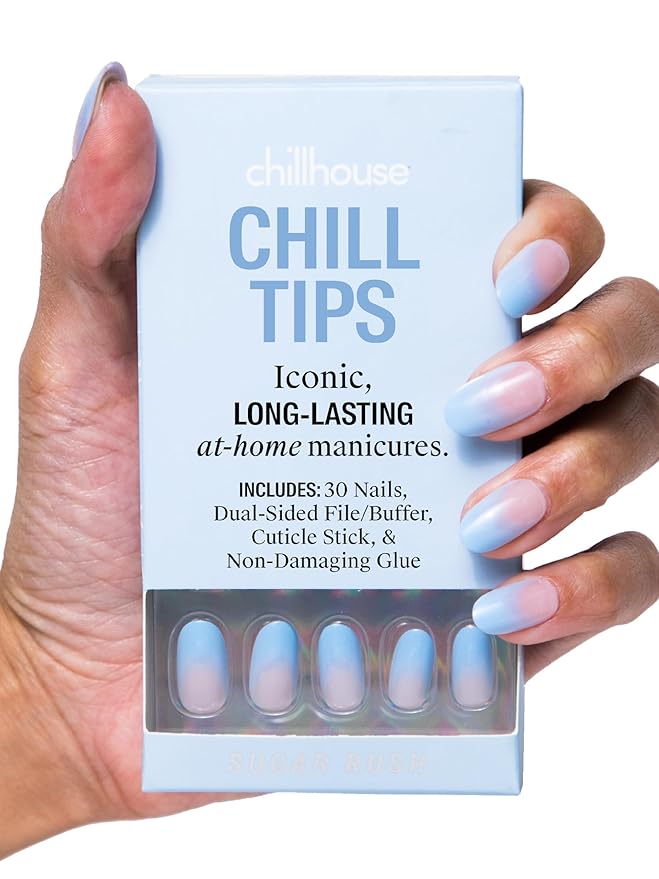 Chillhouse Chill Tips Signatures Press On Nails Kit, Sugar Rush - 30 Nail Shapes & Sizes, Dual-Sided Buffer & File, Cuticle Stick & Glue - Long-Lasting Nail Art Manicures