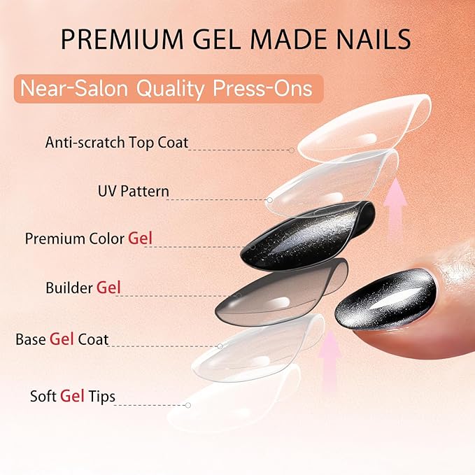 Cat Eye Press on Nails Short, Chrome Press on Nails Oval, Thick Glazed Dark Black Fake Nails Press ons for Women, Reusable Magnet Bling Glitter Glue On Nails Almond in 15 Sizes, 30 Pcs