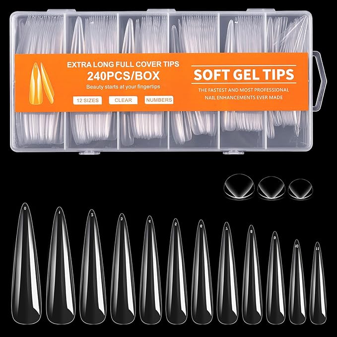 Long Stiletto Nail Tips, 240Pcs Full Cover Soft Gel Nail Tips Pre-shaped 3XL Shape Clear Acrylic False Nail Fake Nail Extension Press On for Salon Home DIY 12 Sizes
