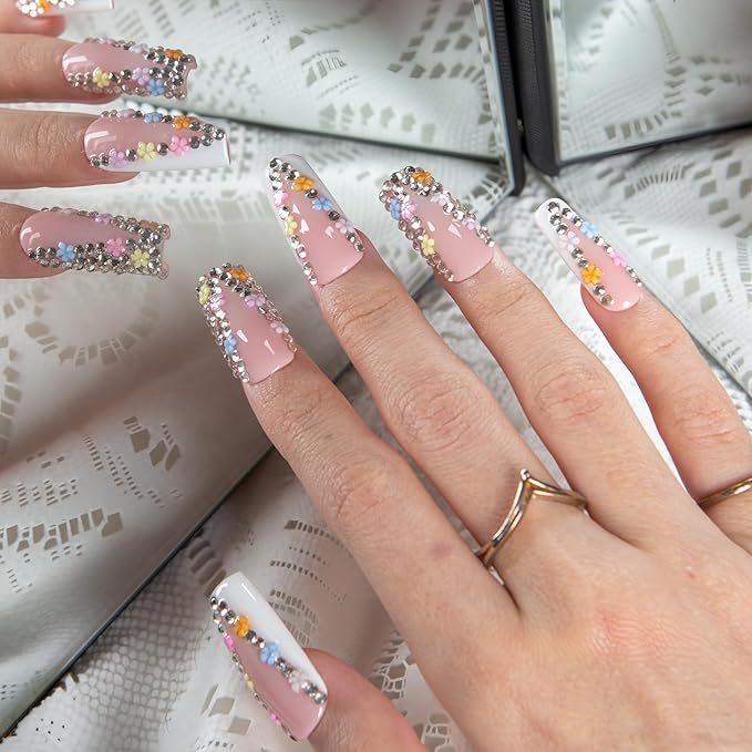 LOVFUL Short French Tip Press on Nails Floral Bloom | Handmade Acrylic Press ons| Reusable Fake False Nails | Square Classic Regular 1.3in | H705-S