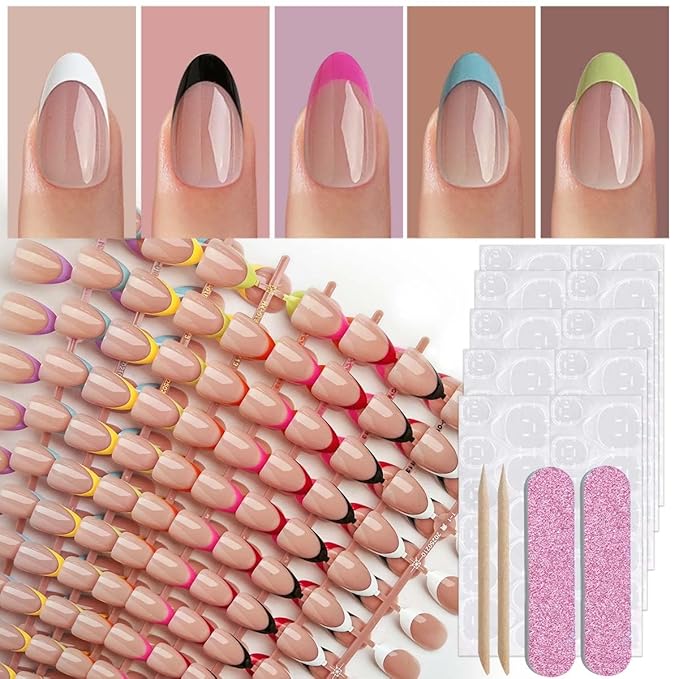 216 Pcs French Tip Press on Nails Short Almond,French Nails Press ons in 9 Different Color Nail Tip,Reusable Fake Nails in 12 Sizes,Glossy False Nails Full Cover Stick on Nails for Women Manicure