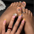 48Pcs Orange French Tips Press on Nails 3D Press on Toenails Medium Square Stick on Nails with Flower Bee Charm Design Rhinestone Fake Nails Glossy Summer False Toenails Kit for Women DIY Manicure