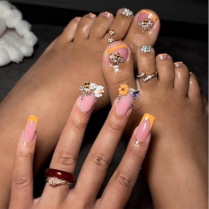 48Pcs Orange French Tips Press on Nails 3D Press on Toenails Medium Square Stick on Nails with Flower Bee Charm Design Rhinestone Fake Nails Glossy Summer False Toenails Kit for Women DIY Manicure