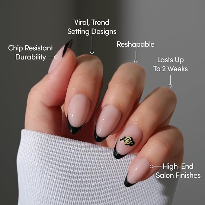 Glamnetic x Fanatics Press On Nails - Colorado Buffaloes | Short Almond Fake Nails, Collegiate Buffaloes Black French Tips, College Nails, Salon-Quality | 15 Sizes - 30 Nail Kit with Glue