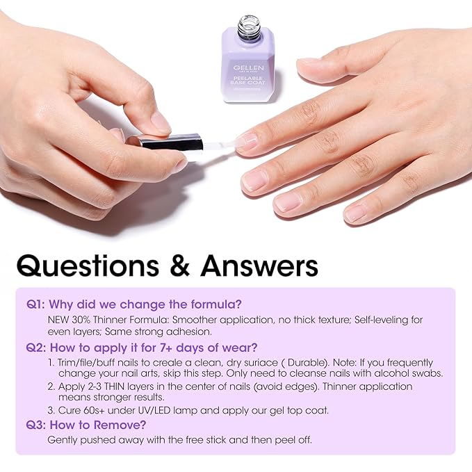 GELLEN Peel Off Gel Base Coat and Top Coat Set, Peelable Base Gel without Soaking, Clear Top Coat Nail Polish, UV LED Lamp Needed, Home DIY Nail Art Manicure Set