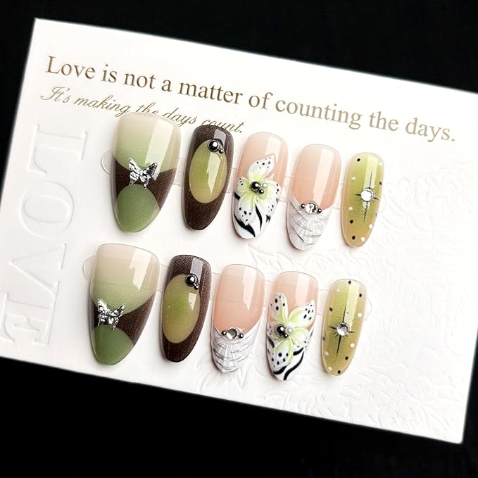 St. Patrick’s Day 30Pcs Handmade Press on Nails Almond Fake Nails Fluorescent Green False Nails with 3D Gradient Flower Butterfly Rhinestone Glossy on Nail Full Cover Press Ons Nail for Women Manicure