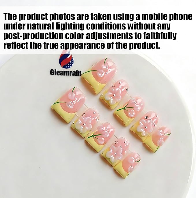 Pink Press on Nails Handmade Duck Glue on Nails Yellow French Tip with 3d Flower Design Elegant for Women for Spring 10pcs M Size Pattern 1105