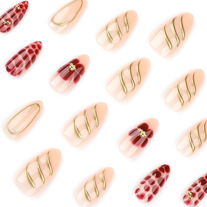 Almond Press on Nails - Medium Fake Nails with Flower Gold Line Design - Ombre False Nails Press ons - for Women Manicure 24 Pcs