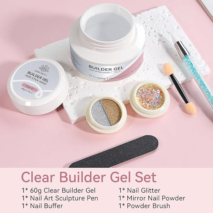 BORN PRETTY Solid Hard Builder Gel for Nails, 60g Large Capacity Professional 3D Sculpting & Extension Gel with Sequins & Chrome Powder, Non-Sticky Soak Off Formula for Home and Salon Nail Art