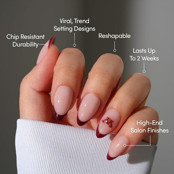 Glamnetic x Fanatics Press On Nails - Minnesota Golden Gophers | Short Almond Fake Nails, Collegiate Gophers Maroon French Tips, College Nails, Salon-Quality | 15 Sizes - 30 Nail Kit with Glue