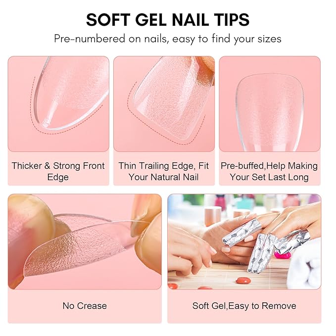 Makartt Nail Glue and Tips Kit: 15ML Solid Gel with Almond & Coffin Pre-Buffed Fake Nails, Portable UV Lamp, Base and Top Coat, Nipper, Cuticle Remover and File for DIY Art Manicure