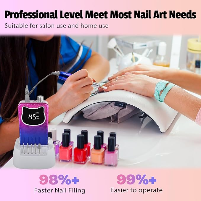 Professional Nail Drill File 45000RPM Electric Portable Kit with Rechargeable 8 uñas Bits Cordless Efile for Gel Acrylic Remover Home Salon Manicure Base Tool (Snowflake Blue and Charging Base)