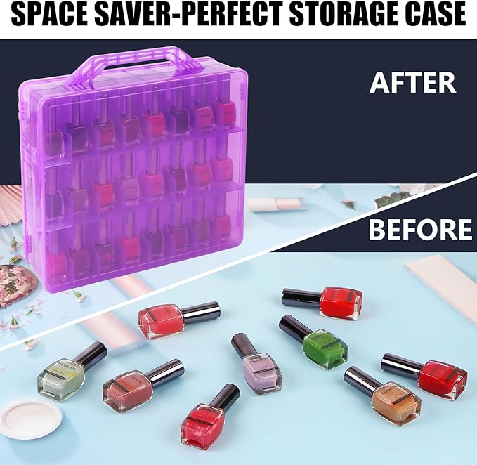 Universal Nail Polish Holder Gel Nail Polish Organizer Case for 48 Bottles Adjustable Dividers Space Saver,Double Sided Storage for Nail Bottles Mini Cars Threads Essential Oils (Purple)